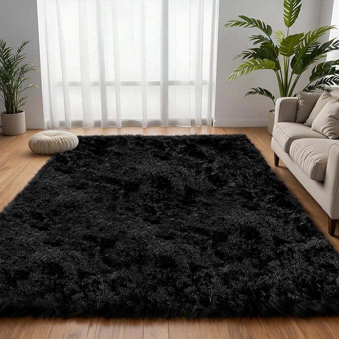 6x9 Area Rug for Living Room, Ultra Soft Fluffy Shag Rugs for Bedroom, Non-Slip Large Fuzzy Plush Rug Indoor Floor Carpet for Nursery Kids Office Dorm Modern Decor, Black