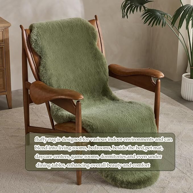1700GSM Fuzzy Faux Sheepskin Fur Area Rug,Extra Soft Faux Fur Mat,Fluffy Shaggy Fur Rug for Bedroom Living Bedside Rug Room Decor-Sage Green, 2 x6 ft