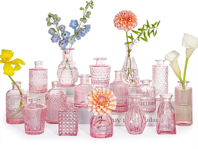 SUPMIND Glass Bud Vase Set of 16, Small Pink Flower Vases for Table Centerpieces in Bulk, Cute Mini Vintage Vase for Wedding, Home Decor, Table Decoration