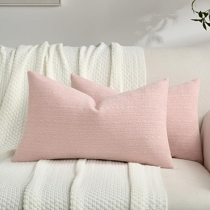 FUTEI Pink Chenille Throw Pillow Covers 12x20 Inch Set of 2,Soft Striped & Diamond Textured Lumbar Pillow Cases,Modern Home Decor for Couch Living Room