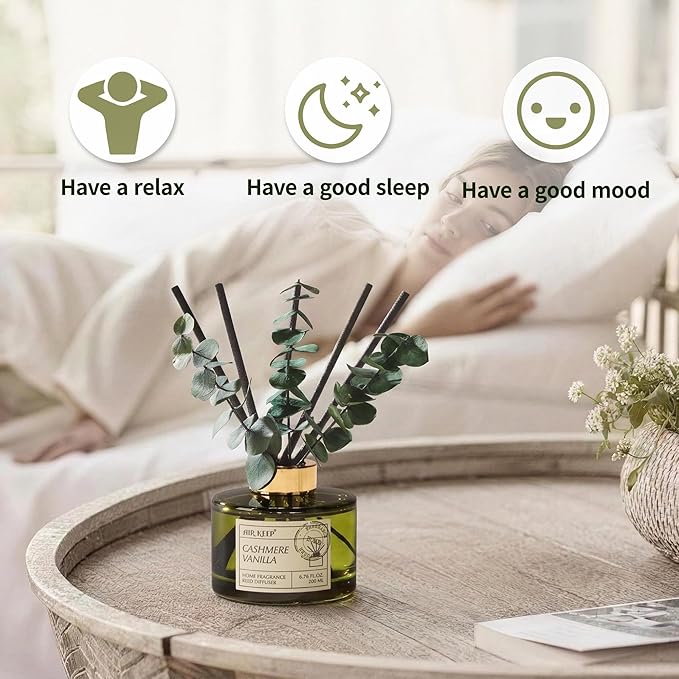 Airkeep Reed Diffuser Set with 6.76 fl oz Cashmere Vanilla Scent Essential Oils and 3 Leaves & 8 Diffuser Sticks,Bathroom Shelf Decor & Air Freshener, House Bedroom Office Decor & Gifts