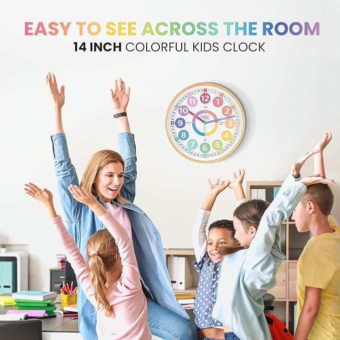 Large Pastel Kids Learning Clock – Award-Winning 14" Silent Non-Ticking Analog Wall Clock for Classroom & Kids Bedroom – Cute Colorful Room Decor & Educational Tool – Includes Teaching Time E-Book