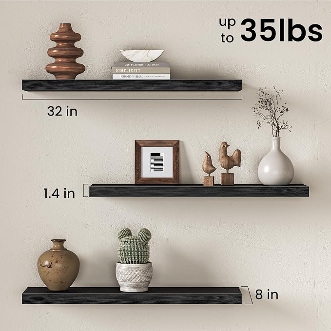 Fun Memories 32Inch Floating Shelves for Wall, 8 Inch Deep Shelves for Bathroom|Bedroom|Kitchen Wall Mounted, Wood Hanging Shelf with Invisible Brackets for Home Storage Decor, Black - 3 Pack