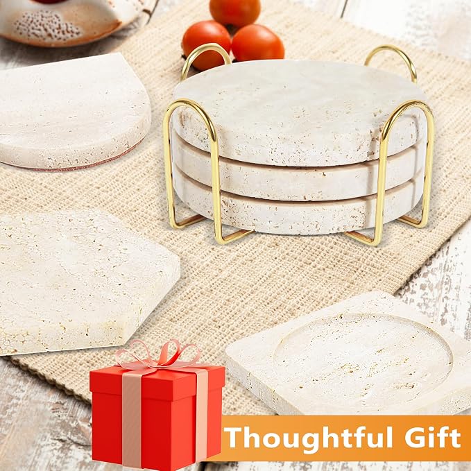 4Pcs Travertine Coasters with Nature Limestone Material and Gold Metal Holder, 4”Diameter Round Shape Bar Coasters Set with Cork Pad for Housewarming Christmas Birthday Gift