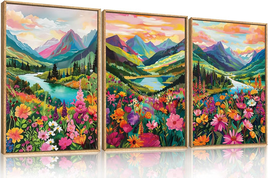 Celestdeco Wildflower Blossom Framed Canvas Wall Art Set, Colorful Flowers Painting, Abstract Landscape Wall Decor, Natural Ridge Floral Art Print for Living Room, Dining Room, Office - 24"x36"x3