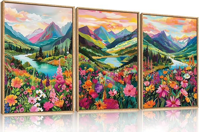 Colorful Wildflower Blossom Framed Canvas Wall Art Set,Mountain Flowers Wall Painting, Abstract Landscape Wall Decor,Natural Floral Artwork for Living Room,Dining Room,Office-16 x24 x3
