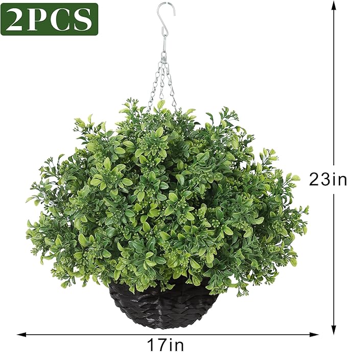 2PCS Artificial Boxwood Plants with Hanging Basket - Fake Aglaia Odorata Hanging Planters Faux Greenery UV Resistant Eucalyptus Leaves for Front Porch Patio Garden Farmhouse Home Decor (Green)
