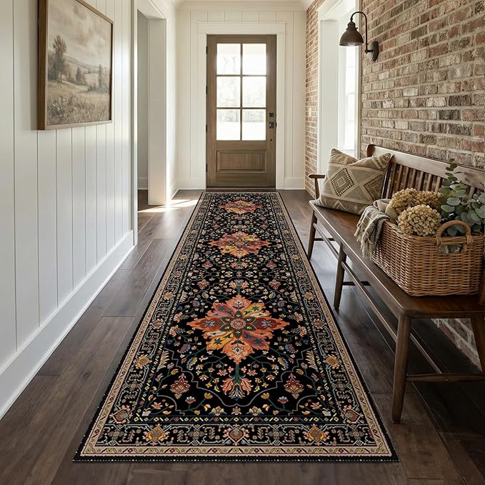 RELEANY Area Rugs 2'x8' Runner Rug Non Slip Washable for Kitchen Hallway Bedroom Beside Laundry Room Bathroom Rug, Floor Carpet, Black Colorful Floral Dark Tan