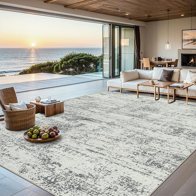 Area Rugs Living Room Rug - 5x7 Washable Modern Abstract Soft Neutral Non-Slip Carpet Large Indoor Floor Stain Resistant Thin Carpets for Bedroom Dining Room Farmhouse Nursery Home Office Grey