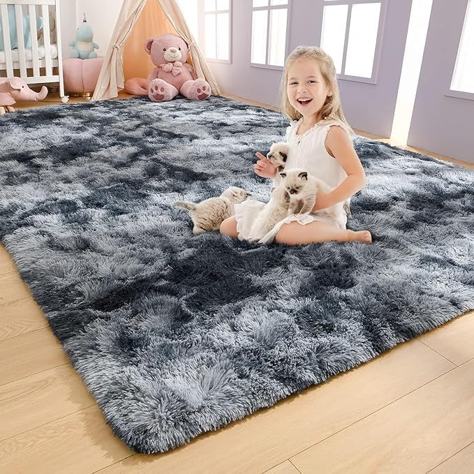 AROGAN Shag Carpets 2x6 Rug for Hallway, Washable Rugs Runners with Memory Foam for Bedroom, Entryway Indoor Fluffy Throw Rug for Beside Kids Girls Nursery Dorm, Blue and Grey