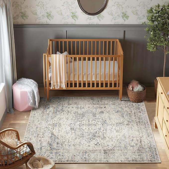 Machine Washable Rugs for Living Room: 5x7 Area Rugs for Bedroom Ultra Soft Non-Slip Low Pile Vintage Distress Boho Large Carpet for High-Traffic Dining Room - Farmhouse Decor
