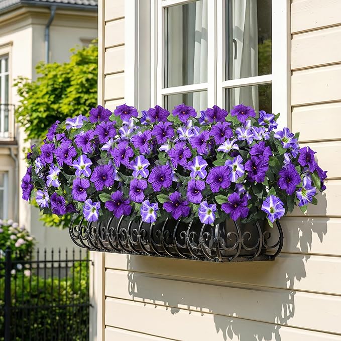 HyeFlora Artificial Flowers for Outdoors 4PCS Faux Petunias Silk Fake Flowers for Outside Planter UV Resistant Realistic Home Garden Porch Decor (Purple)