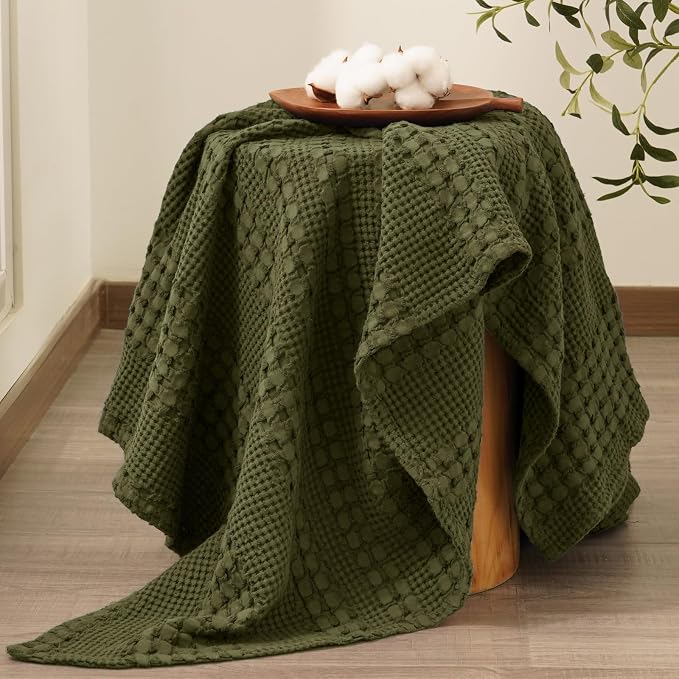 PHF 100% Cotton Waffle Throw Blanket for Couch, Lightweight Breathable and Soft for Summer, Luxury Aesthetic Waffle Weave Blanket for Home Decor & Office, Gifts for Women, 50"x60", Capulet Olive