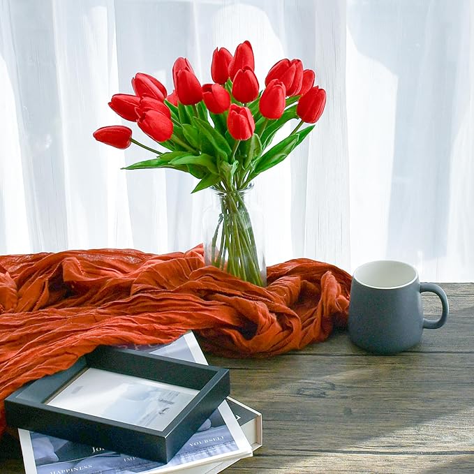 Mandy's Red Artificial Tulips Flowers Centerpiece, 13.5" Lifelike PU Fake Floral Stems 20pcs for Kitchen Island & Dining Table, Spring Decor for Easter