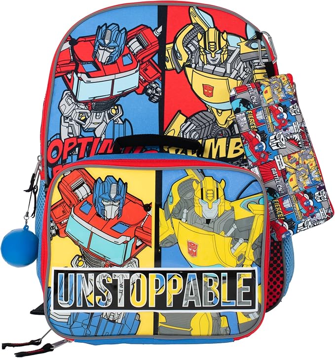 AI ACCESSORY INNOVATIONS Transformers 5 PC Backpack Set, Bumblebee & Optimus Prime School Bag 16”, Blue & Red