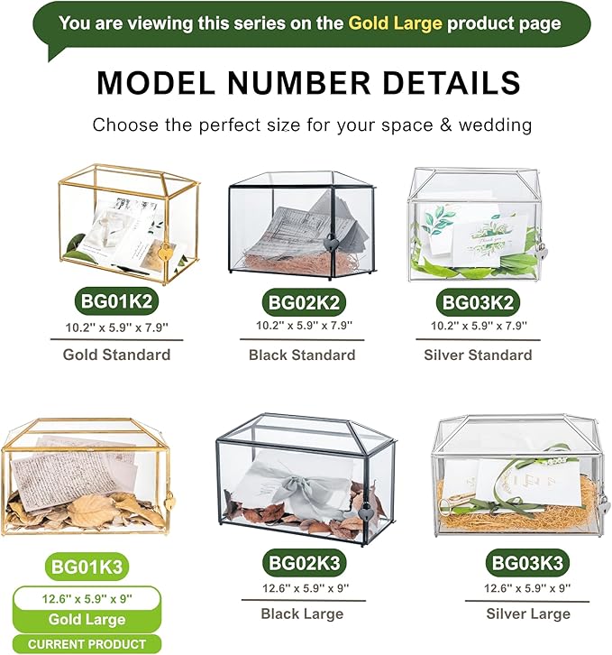 NCYP 12.6" x 5.9" x 9" Glass Wedding Cards Box with Slot and Lock for Party Reception, Centerpiece, Home Decorative, Gold (Glass Box Only) Slot Length 7.3 Inches