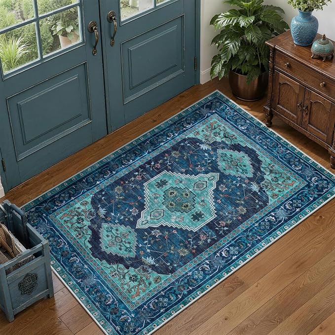 Tangsoo Oriental Small 2X3 Washable Rugs, Teal Vintage Non Slip Rug Carpet, Indoor Front Door Rug for Entryway, Door Mat Indoor Entrance Soft Low Pile Throw Rugs for Entry Kitchen Bedroom