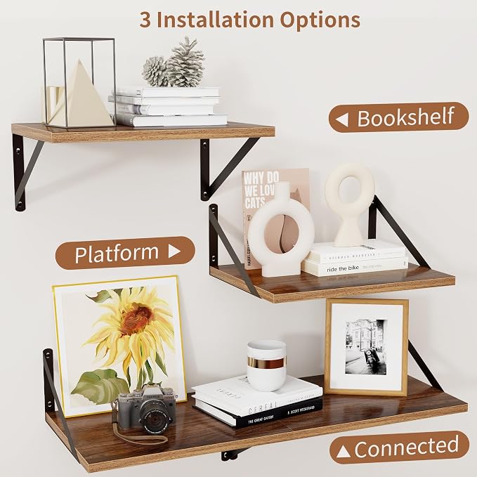 Axeman Deep Floating Shelves - 16 Inch Wide x 12 Inch Deep Walnut Wall Shelves Set of 2 - Rustic Wide Wood Wall Mounted Shelves for Room Decor & Storage