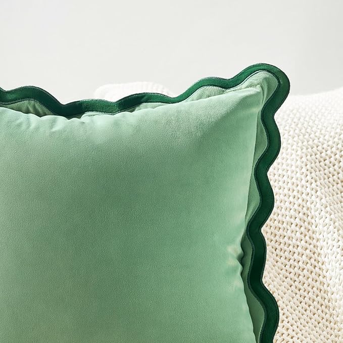 MONDAY MOOSE Decorative Throw Pillow Covers Cushion Cases, Set of 2 Soft Velvet Scalloped Wavy Edge Designs, Mix and Match for Home Decor, Pillow Inserts Not Included (22x22 inch, Green/Light Green)