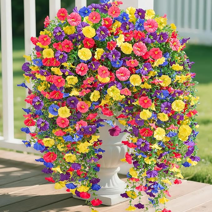 Serwalin Artificial Hanging Flowers for Outdoors UV Resistant, 4PCS Faux Morning Glory Fake Outdoor Flowers Realistic Silk Flower Faux Plants for Outside Planter Front Door Porch Patio Yard Decor