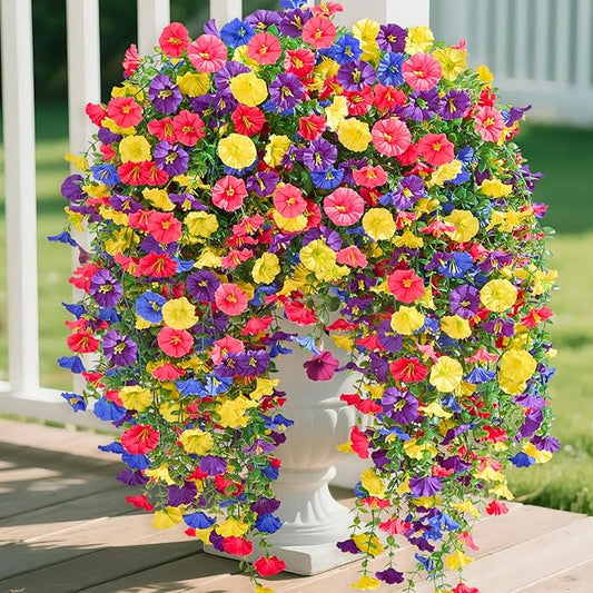 Serwalin Artificial Hanging Flowers for Outdoors UV Resistant, 4PCS Faux Morning Glory Fake Outdoor Flowers Realistic Silk Flower Faux Plants for Outside Planter Front Door Porch Patio Yard Decor