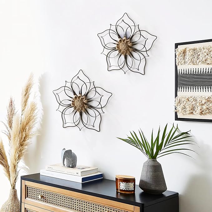 Remenna Metal Flowers Wall Decor, Metal Rustic Wall Art Decoration Farmhouse Wall Decorations Multiple Floral Hanging Decor for Bathroom Living Room Home Office Garden Kitchen (Black -2)
