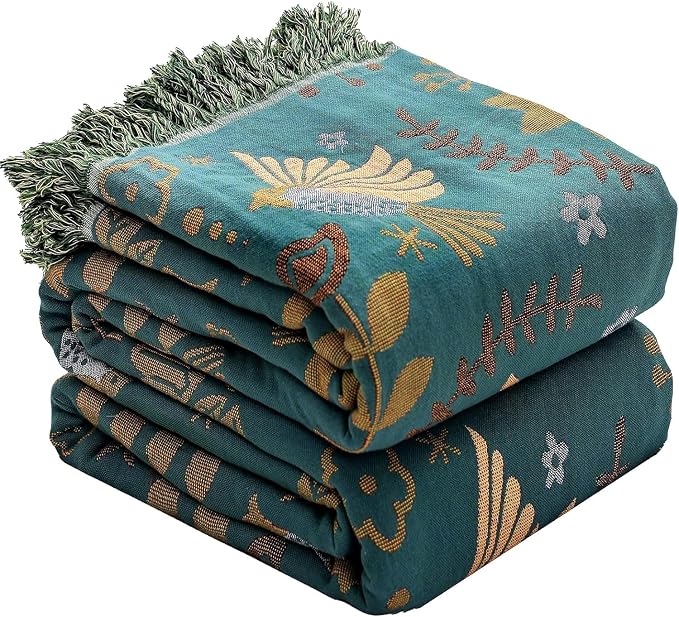 Boho Throw Blanket for Bed Couch 100% Cotton Woven Bed Throws for All Season Lightweight and Soft Cozy Farmhouse Reversible Muslin Decorative Blanket for Travel Picnic, Teal/Cream, 60''x80''