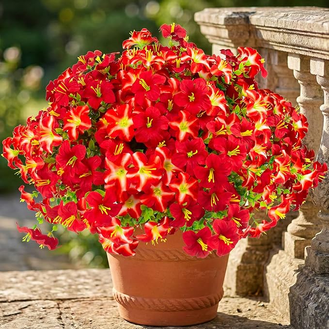 Daynight Faux Petunias Artificial Flowers Plants for Outdoor Plant Decoration,Fake Petunias Realistic Silk Flowers for Porch Yard Garden Window Indoor Decor. (16, Red)