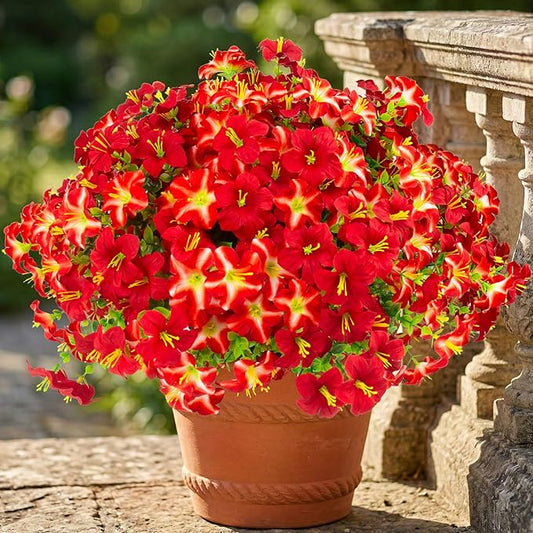 Daynight Faux Petunias Artificial Flowers Plants for Outdoor Plant Decoration,Fake Petunias Realistic Silk Flowers for Porch Yard Garden Window Indoor Decor. (16, Red)