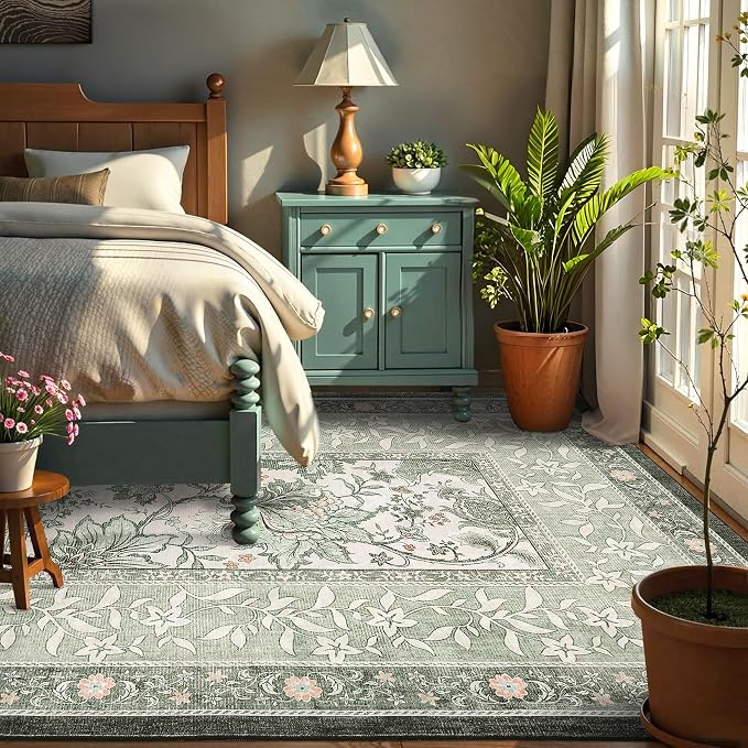 GarveeHome Provence Sage Green 6x9 Area Rugs, Botanical Grove Vintage Cottagecore Non-Slip Washable Rug for Living Room Bedroom Nursery Kitchen Low-Pile Retro Large Carpet