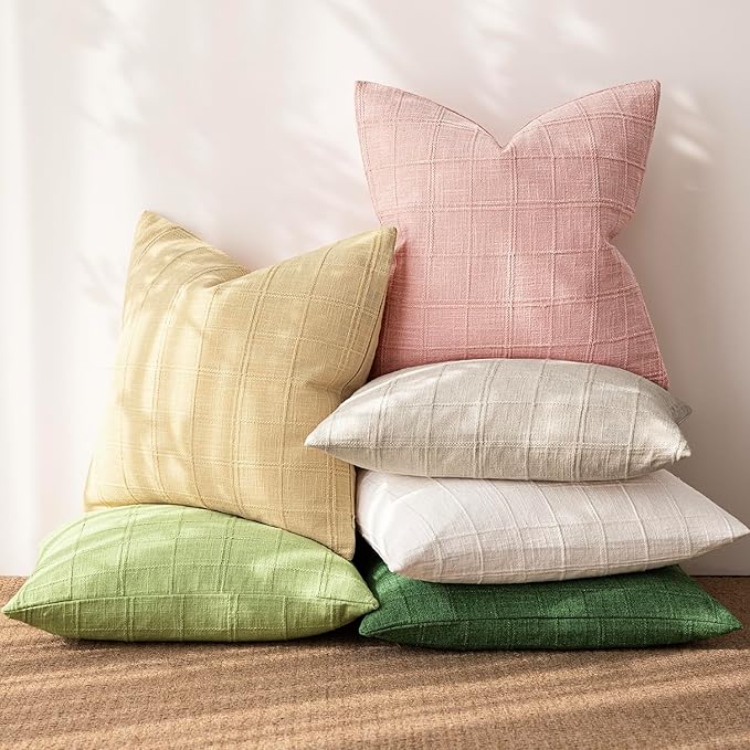 Foindtower Set of 2 Decorative Linen Check Throw Pillow Covers Neutral Farmhouse Vintage Cushion Covers Cozy Modern Boho Accent Home Decor for Sofa Chair Couch Bed Living Room,14×36 Inch,Light Pink