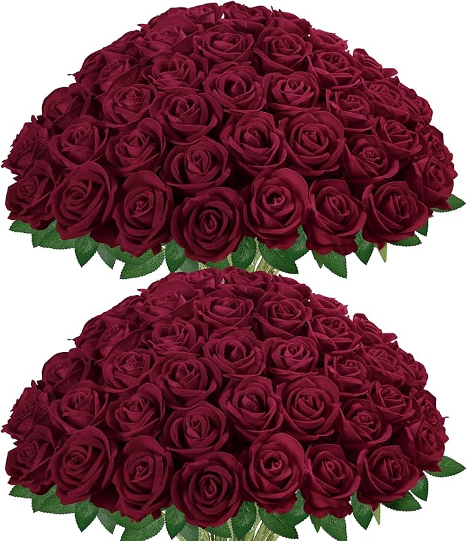 InnoGear 50 Pcs Burgundy Roses Artificial Flowers, Fake Velvet Silk Red Rose Bulk Faux Flower for Decoration Wedding Centerpieces Proposal Bridal Bouquets Shower Party Home Floral Decor (50, Burgundy)