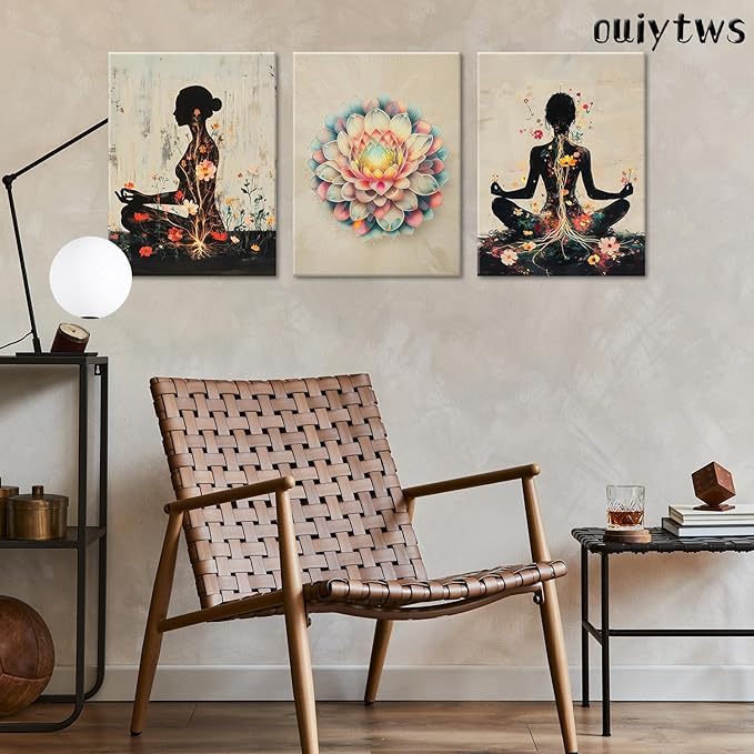 Yoga and Flower themed Meditation Wall Art Set of 3, Spiritual Meditation Women's Match with Flower and Lotus Patterns Canvas Poster Prints Painting,for Yoga Meditation Room,Bedroom,Framed 12X16in