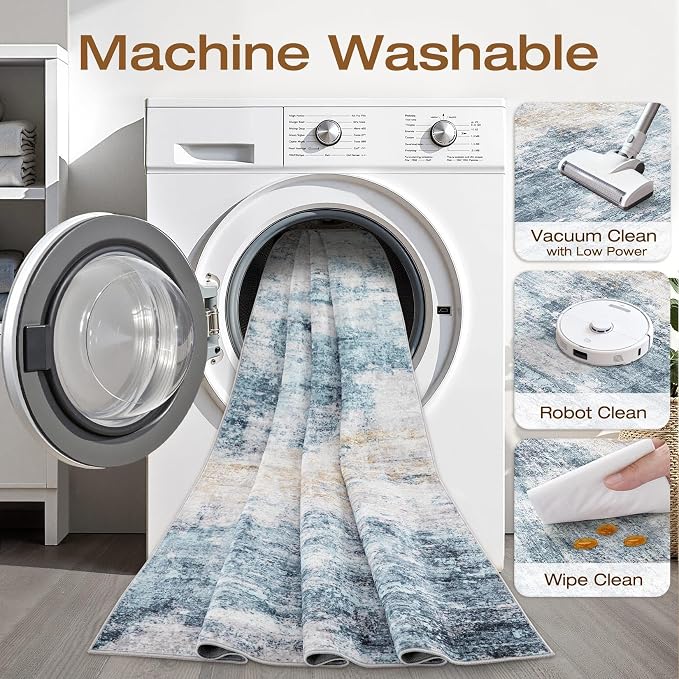 Runner Rug Non-Slip Kitchen Rug: 3x8 Washable Abstract Modern Soft Stain Resistant Indoor Floor Neutral Accent Throw Carpet for Hallway Bathroom Laundry Room Bedroom Entryway- Blue Gold