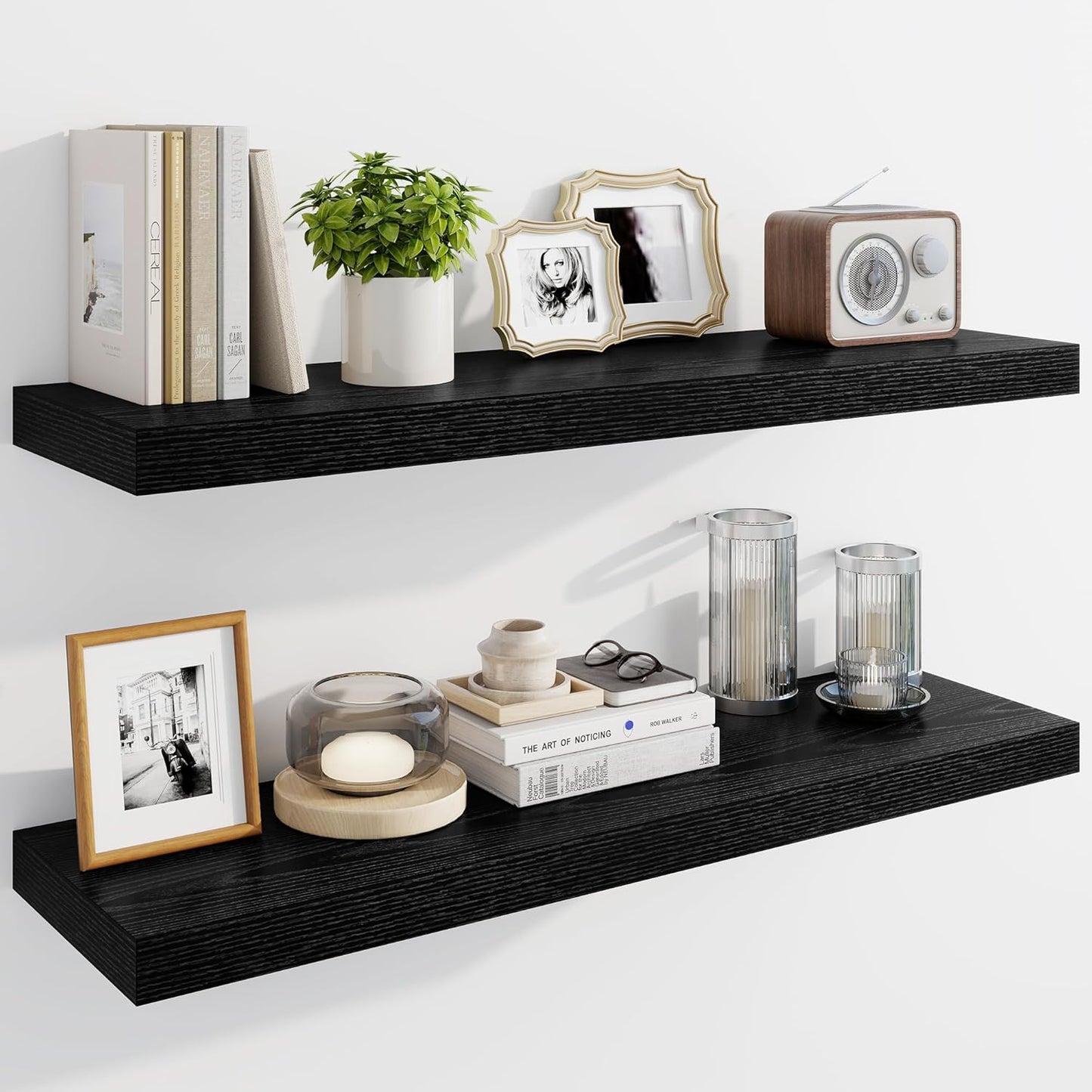 Marsmiles 36" Floating Shelves for Wall, Wooden Shelves with Invisible Brackets Set of 2, Rustic Farmhouse Wall Mounted Shelf for Kitchen Bathroom Living Room Study, Black