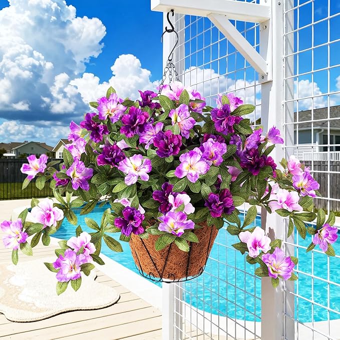 Ammyoo Artificial Hanging Flowers for Outdoors Hanging Baskets, 3 Pcs Fake Silk Flower with Hanging Baskets Planter for Spring Summer Garden Porch Patio Yard Outside Decor