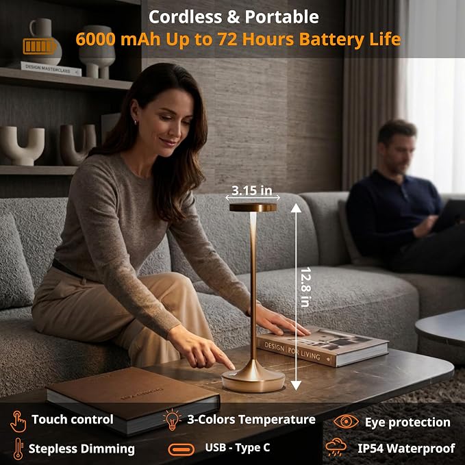 Cordless Table Lamps, Rechargeable 6000mAh LED Desk Lamps, Up to 60 Hours, Touch Control with 3-Level Dimming, Portable Waterproof Lights for Restaurant, Dining Table, Patio & Home (Bronze)