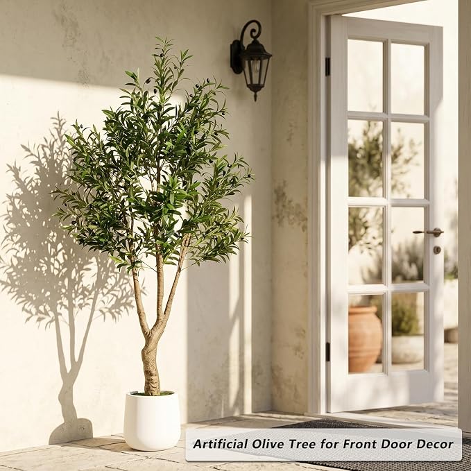 LYLYFAN Olive Tree Artificial Indoor 7FT Faux Olive Tree with White Tall Planter, Fake Olive Tree with Realistic Branches and Lifelike Fruits for Home Office Decor