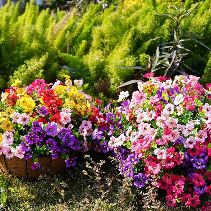trytuny Artificial Flowers for Outdoor, UV Resistant Fake Silk Flowers, Realistic Faux Plants for Outside Indoor Porch Patio Window Box Planter Home Decor (14, Purple Rosy Pink)