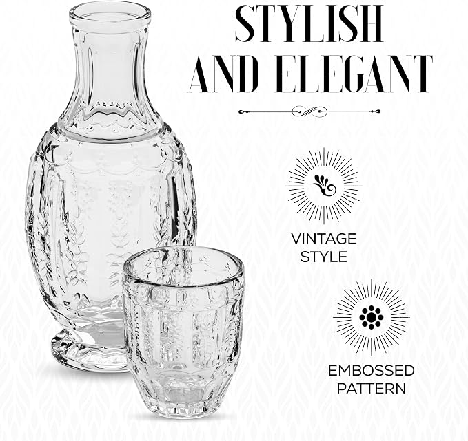 Elle Décor Vintage Bedside Water Carafe with Tumbler – Elegant Pitcher and Matching Drinking Glass Doubles As Lid For Guest Room, Office, or as a Gift, 4.7x10.4, Clear