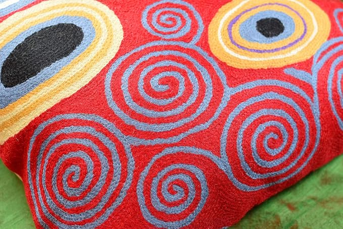 Klimt Red Throw Pillow Cover Reds Navy Modern Accent Pillowcase Decorative Abstract Throw Pillows Modern Boho Pillow Farmhouse Chair Cushions Hand Embroidered Sofa Cushion Wool Size 18x18