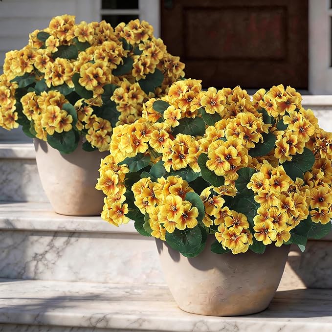 GLIDLION 24 Bundles Artificial Geranium Flowers for Spring Summer Decor, UV-Resistant Fake Plants Realistic Faux Silk Bouquets for Front Door Farmhouse Garden Porch Home Outdoor Decor (Yellow)