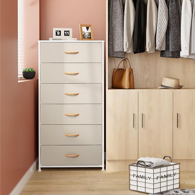 Crestlive Products Dresser for Bedroom with 6 Drawers, Tall Chest of Drawers, Fabric Dressers Bedroom Furniture, Storage Organizer Unit with Bins for Closet, Hallway, Living Room, Entryway(Beige)