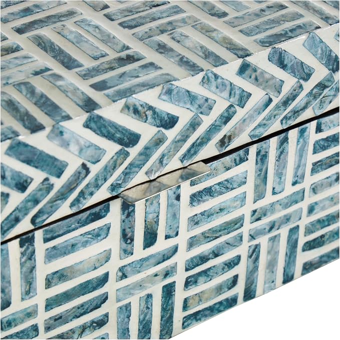 Deco 79 Mother of Pearl Shell Geometric Handmade Decorative Box Mosaic Storage Decorative Keepsake Box with Cream Underlay, Set of 2 Storage Box 12", 8"W, Blue