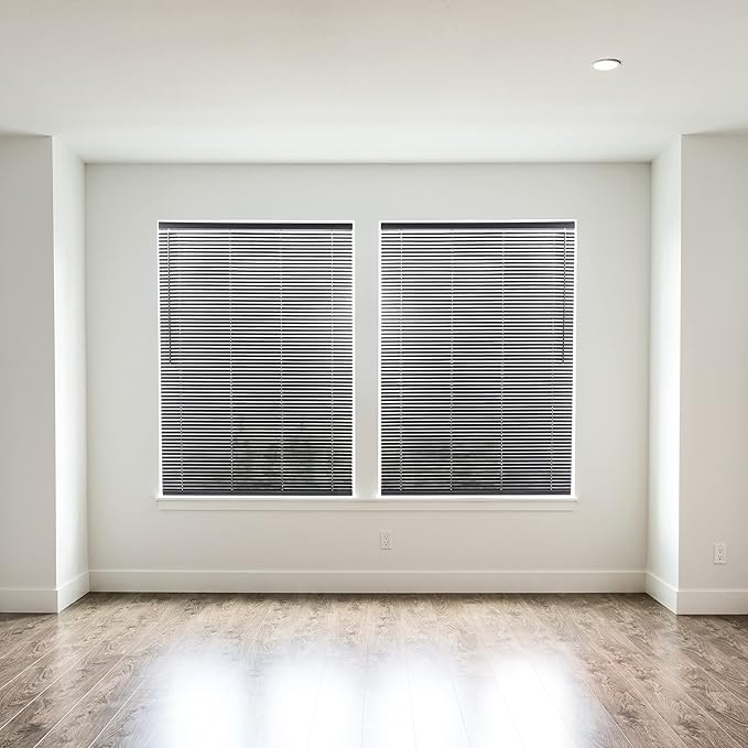 Cordless Light Filtering Mini Blind - 48 Inch Width, 64 Inch Length, 1" Slat Size - Black - Cordless GII Morningstar Horizontal Windows Blinds for Interior by Achim Home Decor