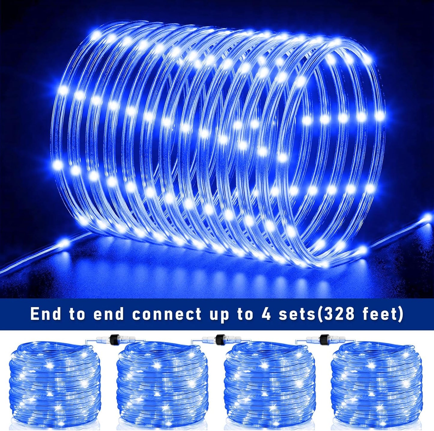 100FT 300 LED Rope Lights Outdoor, Plug in Christmas Rope Lights for Indoor with 8 Modes, Waterproof Connectable String Lights for Outside Patio, Deck, Pool, Stair, Camping Lighting - Blue