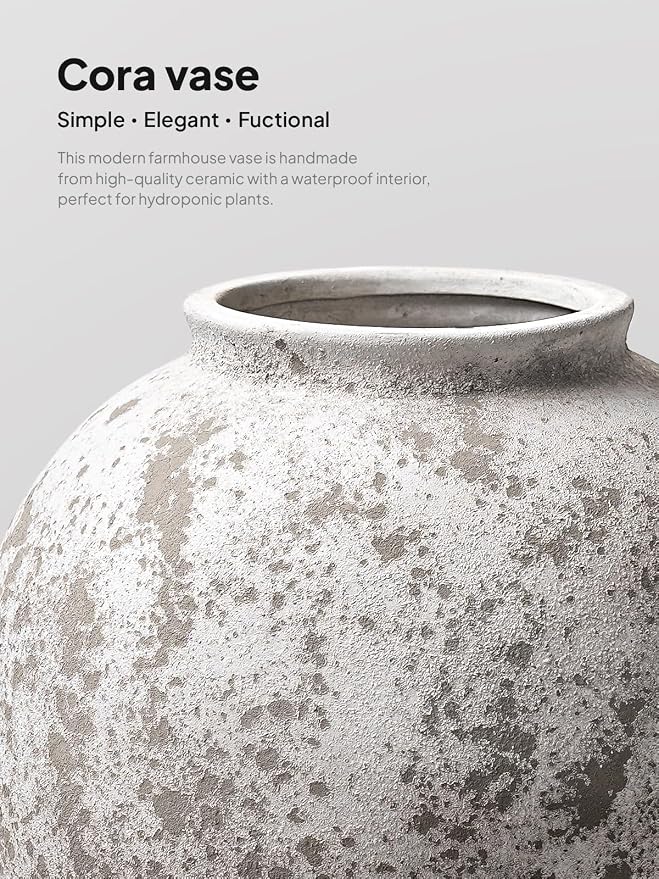 Large White Ceramic Vase - 9.8 Inch Rustic Farmhouse Flower Vase for Home Decor, Minimalist Tall Vases for Living Room, Table, Bathroom, Holiday & Weddings (Sandstone Grey)