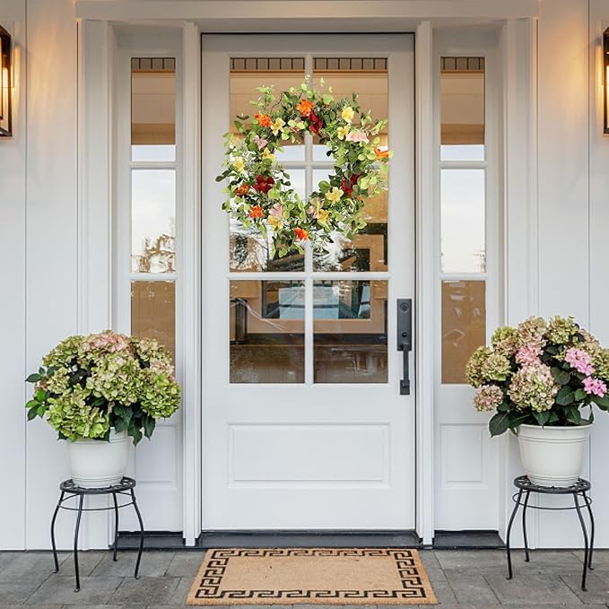 22IN Artificial Spring Summer Wreath with Wild Flowers & Silk Daisies Eucalyptus, UV Resistant, Colorful Wreath - for Spring Summer Indoor Outdoor Home Décor