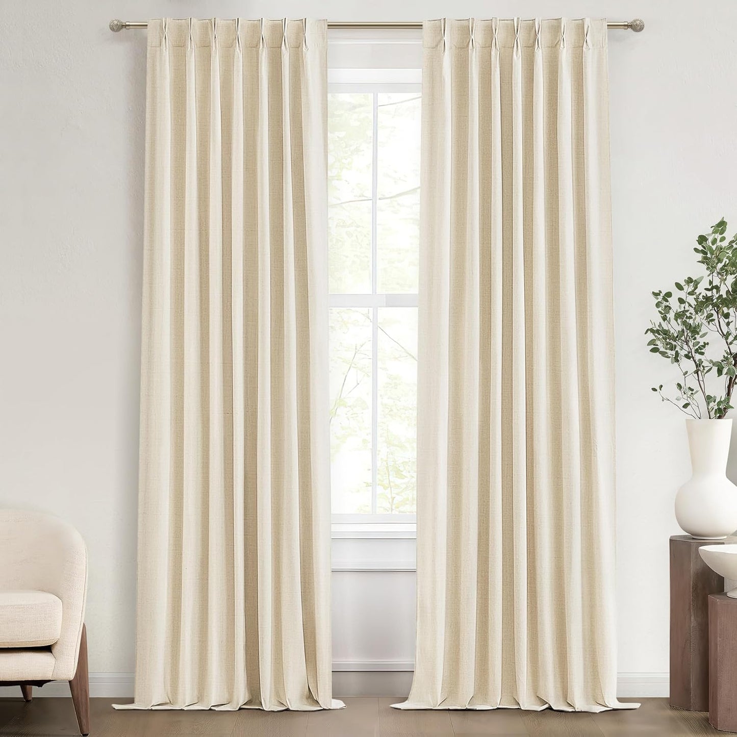 Pinch Pleated Linen Curtains with Hooks and Rings Blackout Curtains 102 Inches Long Custom 8-1/2ft Tall Privacy Window Treatments Beige Wheat Oatmeal Aesthetic Drapes for Bedroom 2 Panels Burg