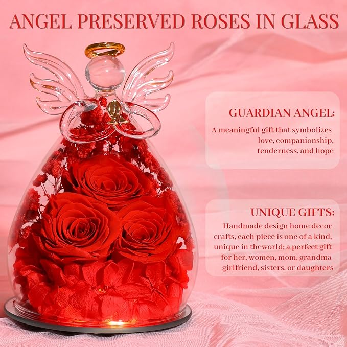 Beferr Mothers Day Mom Birthday Gifts for Women, Fresh Flowers for Delivery Forever Preserved Rose in Glass Angel Figurine, Anniversary Christian Real Rose for Grandma Nana Wife Mum from Daughter Son